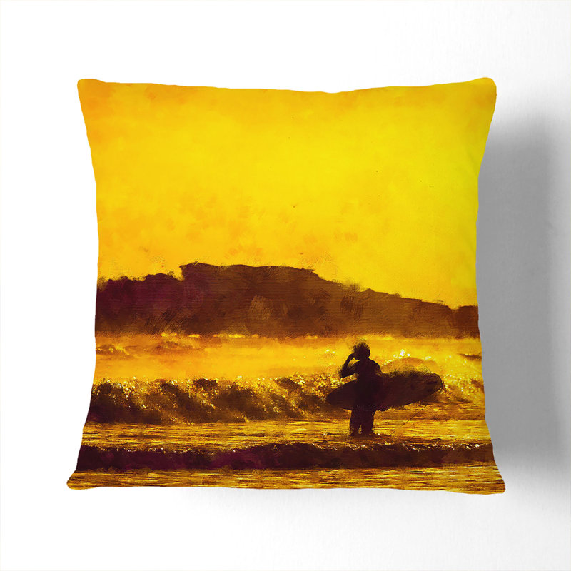 Man Surfing At Sunset Painting Square Throw Cushion, 40cm H x 40cm W x 15cm D, Black