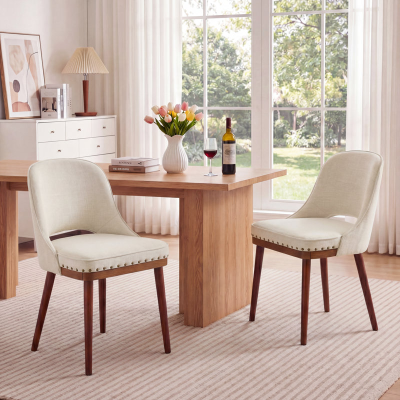 Two-tier solid wood upholstered side chair, Beige, Set of 2, Rivet