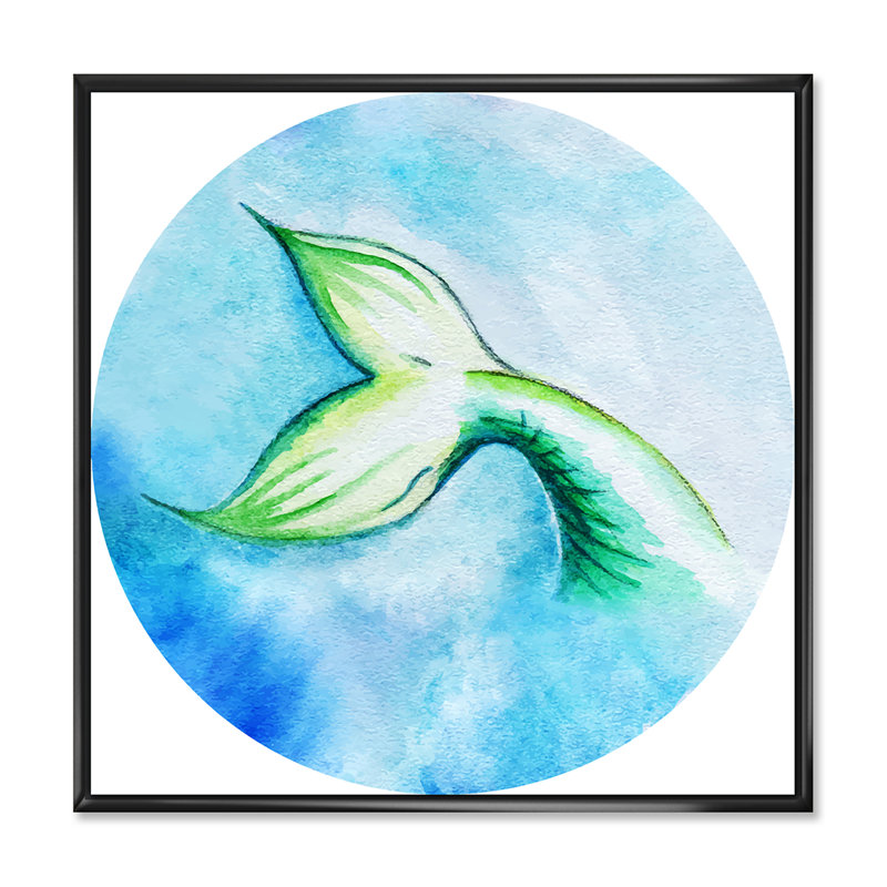 «Mermaid Fish Tail», peinture sur toile, H 16 po x l 16 po x P 1 po, Cadre flottant noir