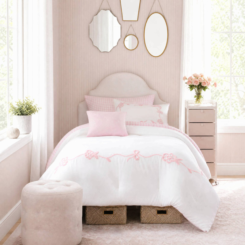 Ensemble de couette 4 pièces en microfibre rose brodée à motifs floraux, taille Twin/Twin XL