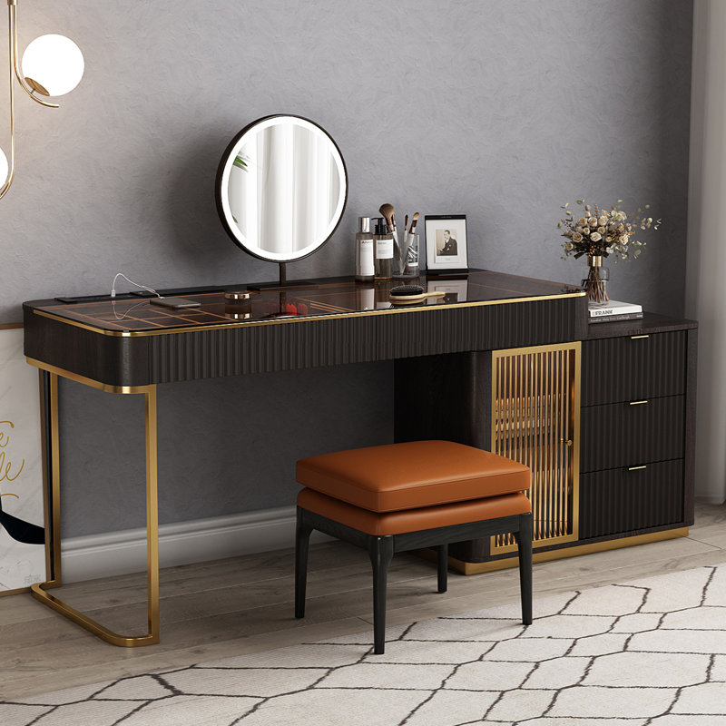 High Quality Makeup Vanity with Stool, Very Easy to Assemble, Glass top, with power outlet, extra-large storage space,Expandable Auxiliary Cabinet