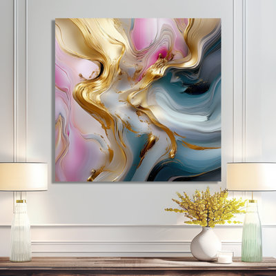 Abstract Waves Pink Blue Gold - Abstract Modern Waves Wall Art Decor