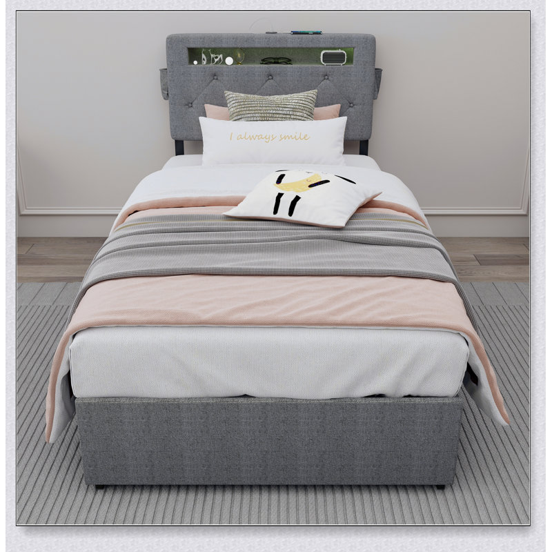 Bed Frame with USB Charging Station, LED Lights and 4 Storage Drawers
