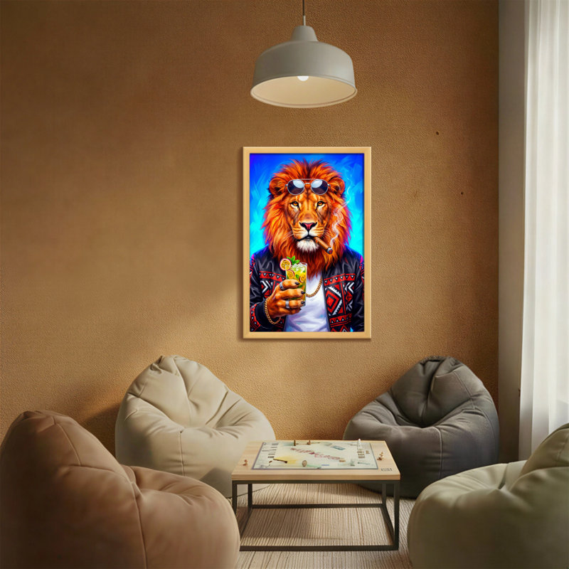 Animaux, lion avec lunettes de soleil et cocktail, H 18 po x l 12 po