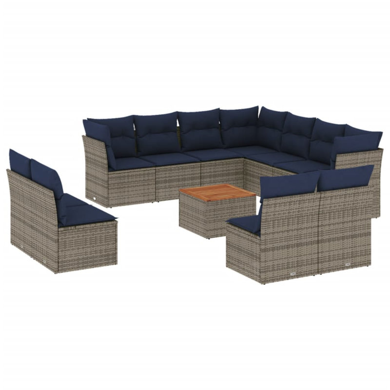 Ensemble de canapé de patio 12 pièces avec coussins en rotin de polyester, Marine, Gris