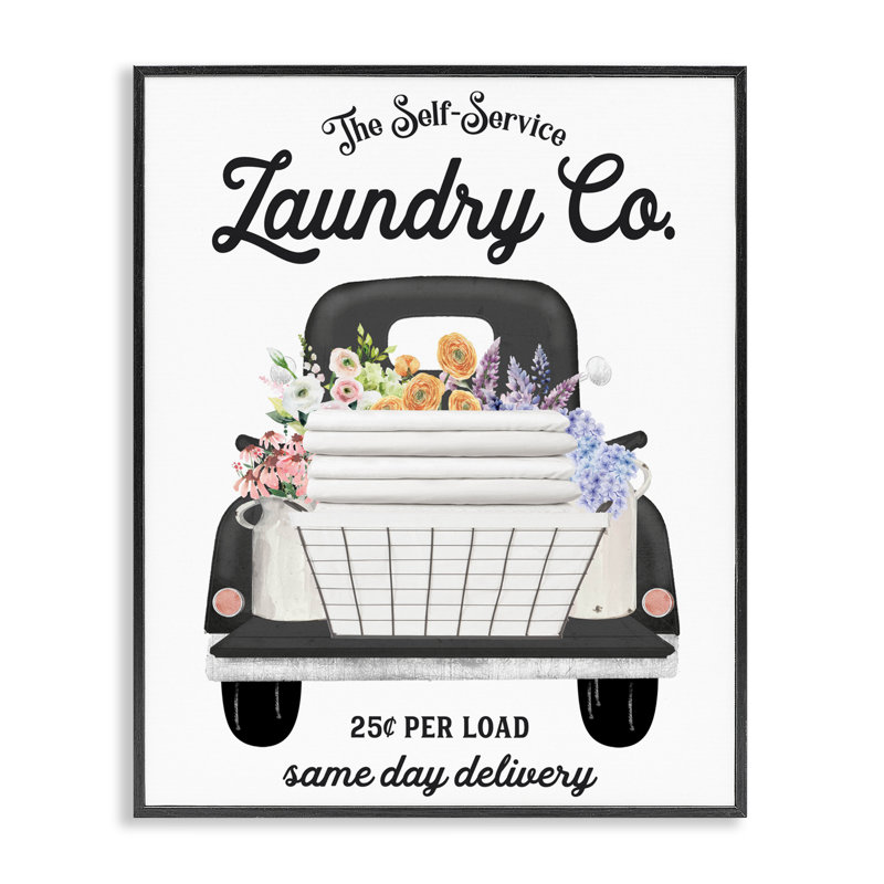 Giclée encadrée de camion de service de buanderie, design par lettré et doublé, H 14 po x l 11 po