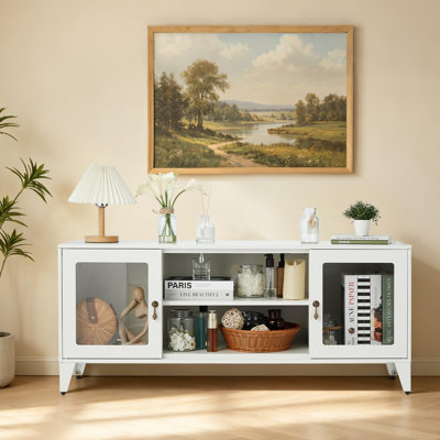 Meuble télé 47 po avec portes en verre et tablettes réglables, tablettes intérieures réglables en hauteur blanches, portes vitrées transparentes, revêtement imperméable antirouille, pieds de soutien fuselés stables