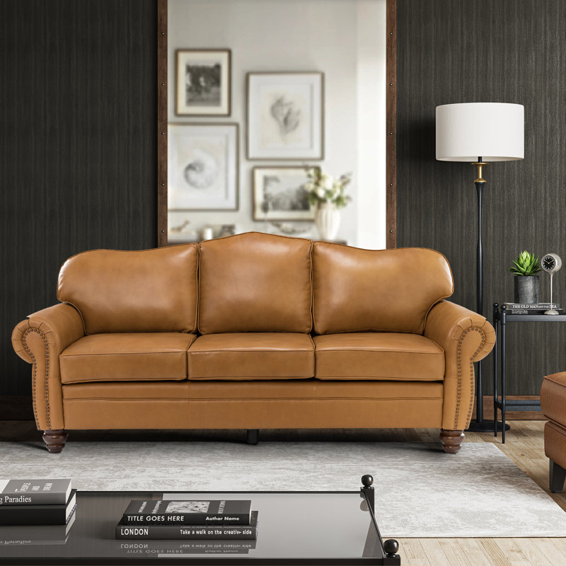 Damore 81'' Wide Genuine Leather Sofa, Camel Genuine Leather