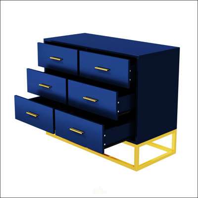 Modern 6-Drawer Dresser with Gold Metal Legs, Large Storage Chest for Bedroom, Contemporary Wood Cabinet