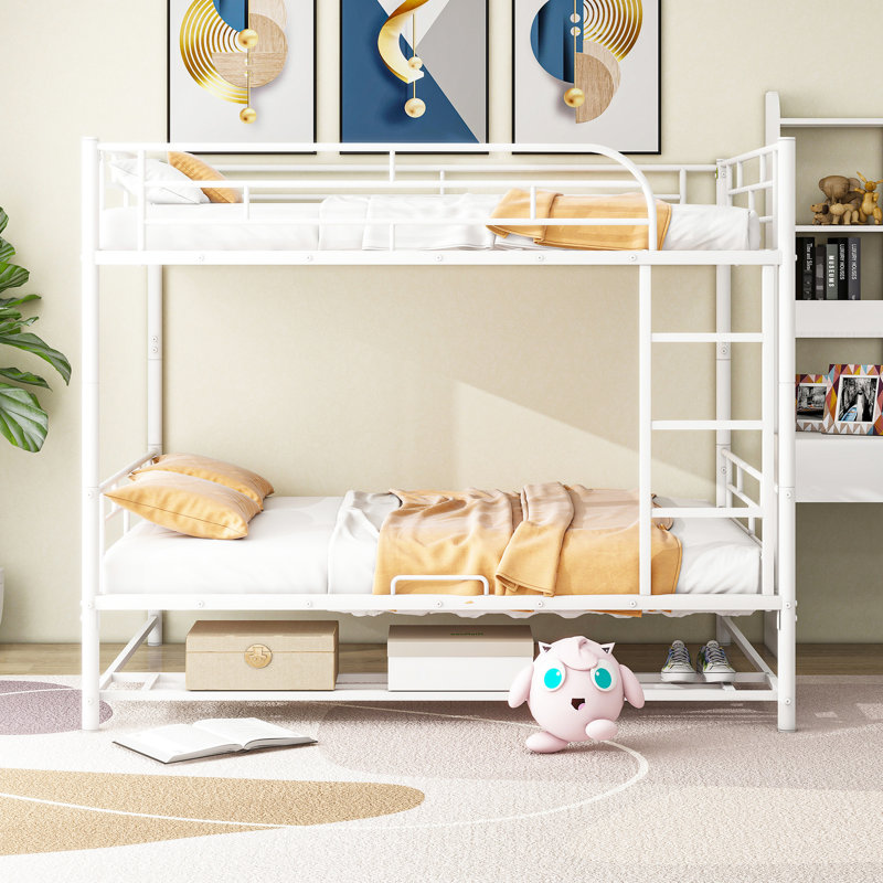 Lit superposé au-dessus de métal - Économie d'espace avec tablette, convertible en lit simple, lit à structure solide, avec tablette de rangement et garde-corps