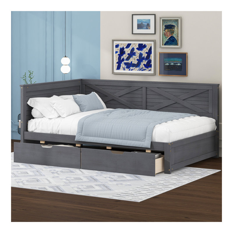 Lit de jour simple en bois avec 2 tiroirs et garde-corps rustique, gris antique