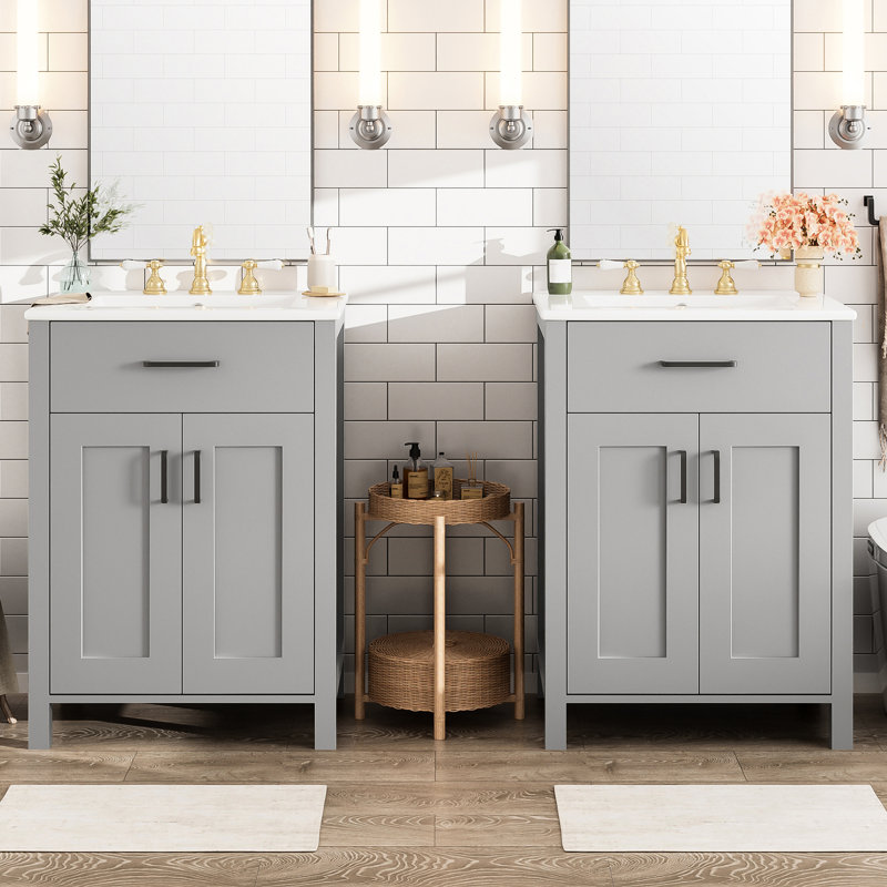 Meuble-lavabo moderne de 48 po avec lavabo en céramique, structure en bois massif et tablette réglable en forme de U pour l'organisation double avec deux lavabos, fonction silencieuse à fermeture en douceur, articles de toilette à tiroir rabattable