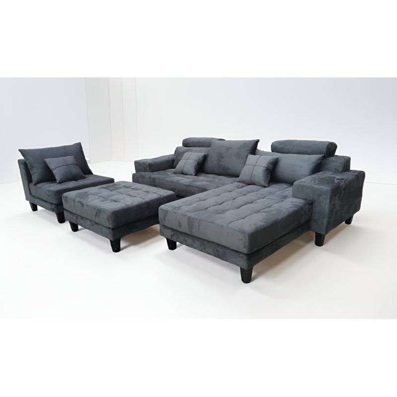 Upholstered L-Shaped Sectional, Right Hand Facing, Gray Microfiber/Microsuede