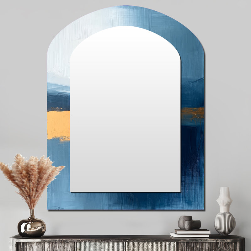 Blue Ethereal Dream Abstract Mountains II - Landscapes Arch Large Mirror, Modern Asymmetrical Unique Wall Mirror Decor, Printed Metal Art