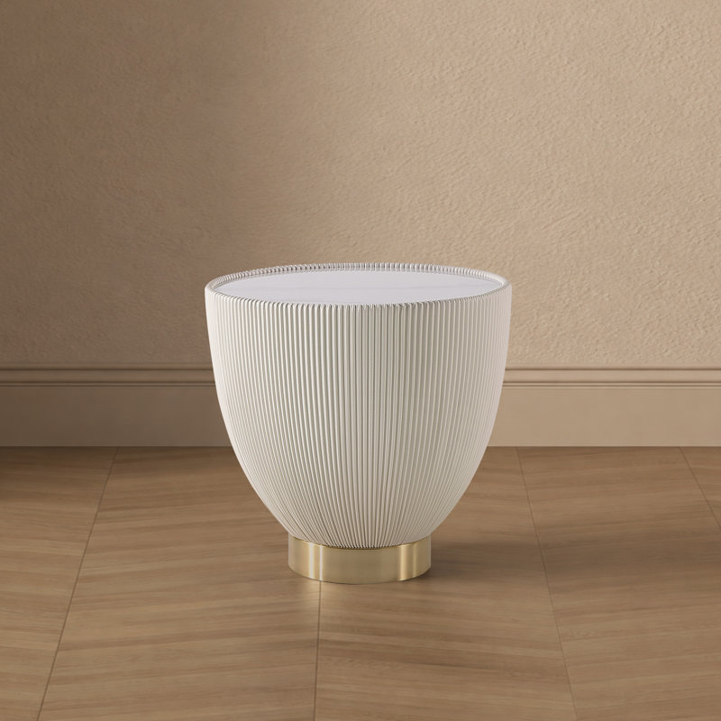 Anderson Modern Vegan Leather Upholstered Stainless Steel Pedestal End Table with Sintered Stone Top in Cream, Cream