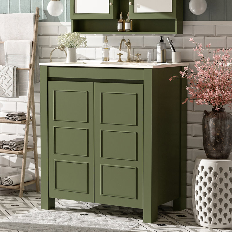 Meuble-lavabo de 30 po de couleur olive avec lavabo en céramique, poignées de porte cachées, fonction de fermeture en douceur et assemblage facile pour les petits espaces