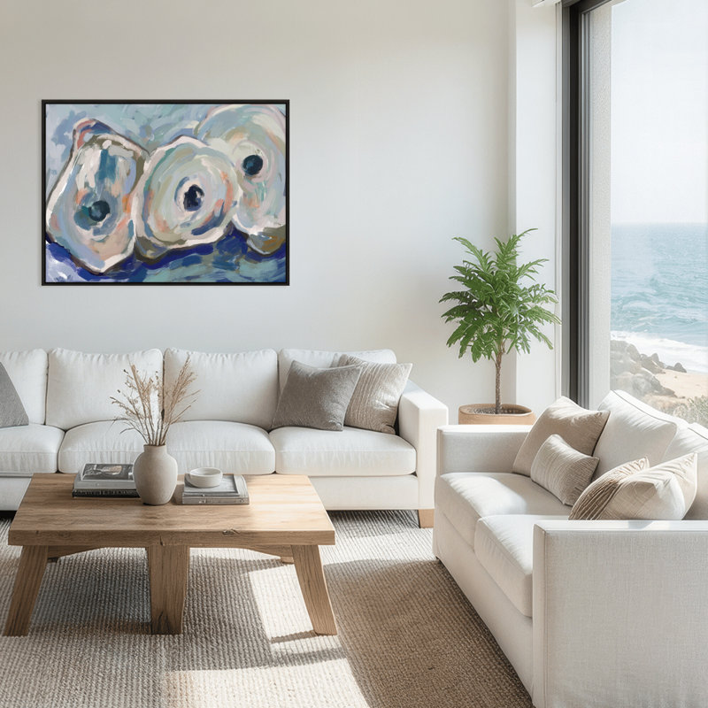 Coastal Retreat Pearlescent Elegance: Oyster Abstract, 30" H x 40" W x 2.375" D, Framed Canvas, Black