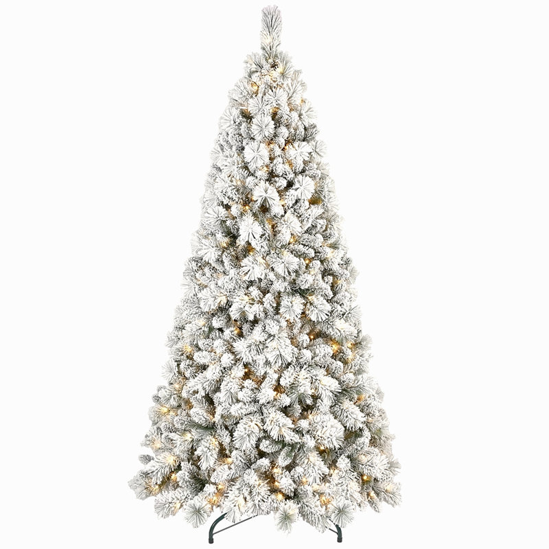 Arbre de Noël enneigé 8 pi avec 600 lumières à DEL blanc chaud - 1445 pointes, PVC enneigé et branches à aiguille dure, conception à charnières pour une installation facile, support en métal robuste - arbre des Fêtes complet et réaliste