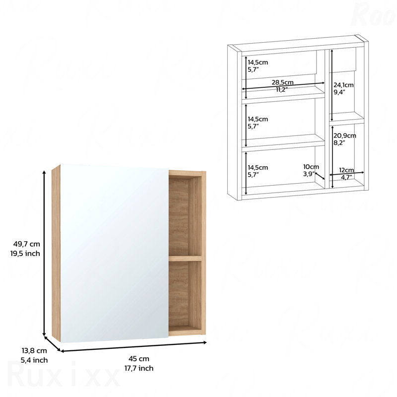 Medicine Cabinet With Mirror, Five Internal Shelves, Single Door -Pine