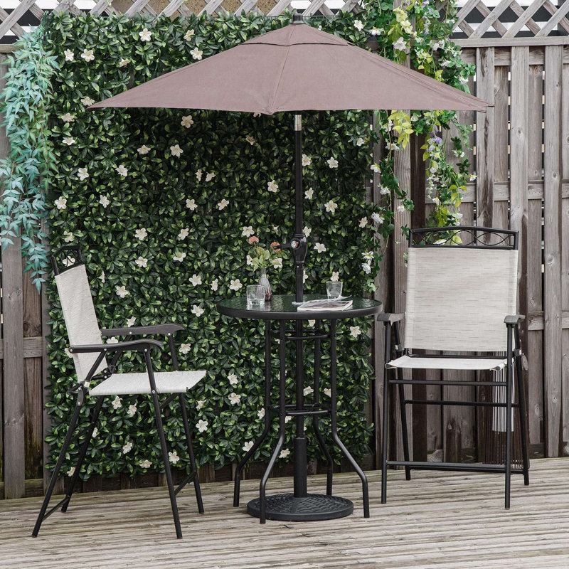Ensemble de mobilier de patio 4 pièces, 2 chaises pliantes, parasol à angle réglable, table de salle à manger en verre trempé texturé Wave