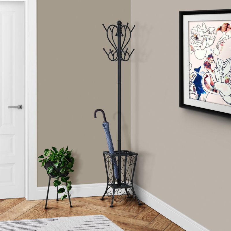 Stylish Free Standing Hall Tree With 8 Hooks, Umbrella Holder, And Elegant Scroll Design For Entryways And Bedrooms