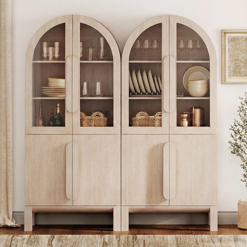 Grand garde-manger arqué 2 en 1 de 71 po, vitrine en bois avec portes en verre et tablettes réglables, armoire Mid-Century polyvalente pour la salle à manger et la chambre à coucher
