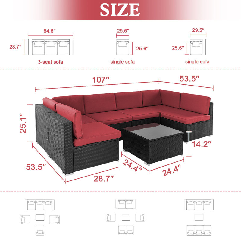 6 - Person Outdoor Seating Group with Cushions, Red, Black