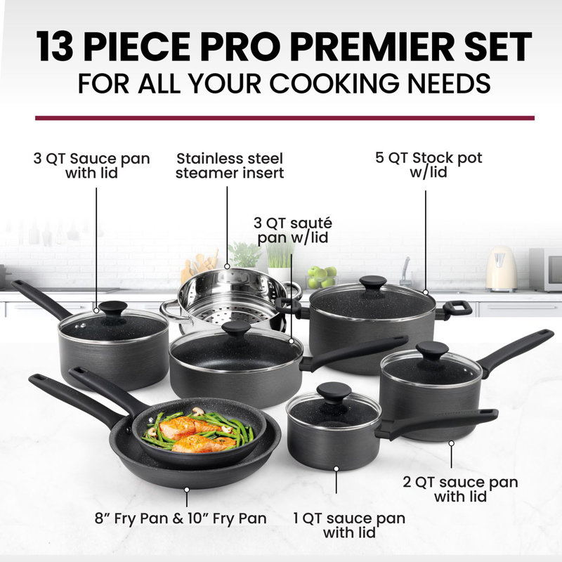 Granitestone Pro Premier Hard Anodized 13 Piece Nonstick Cookware Set, Stay Cool Handles, Dishwasher Safe