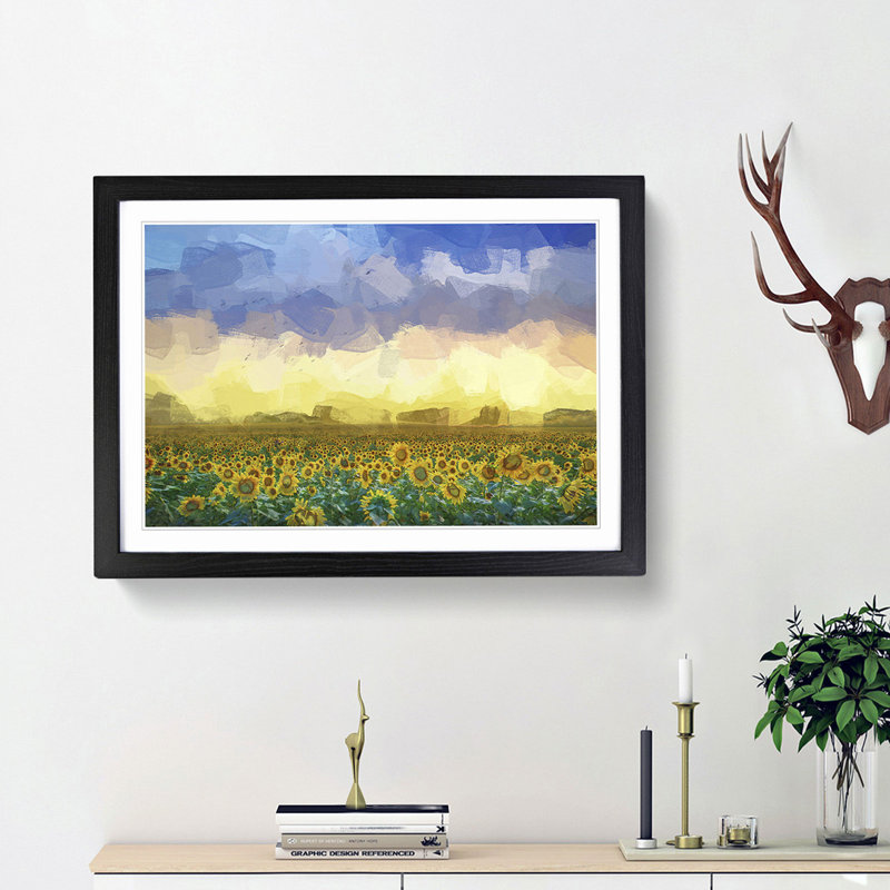 Flock of Birds Above Sunflowers in Abstract - Picture Frame Graphic Art Print, 62cm H x 87cm W x 2cm D, Black Framed