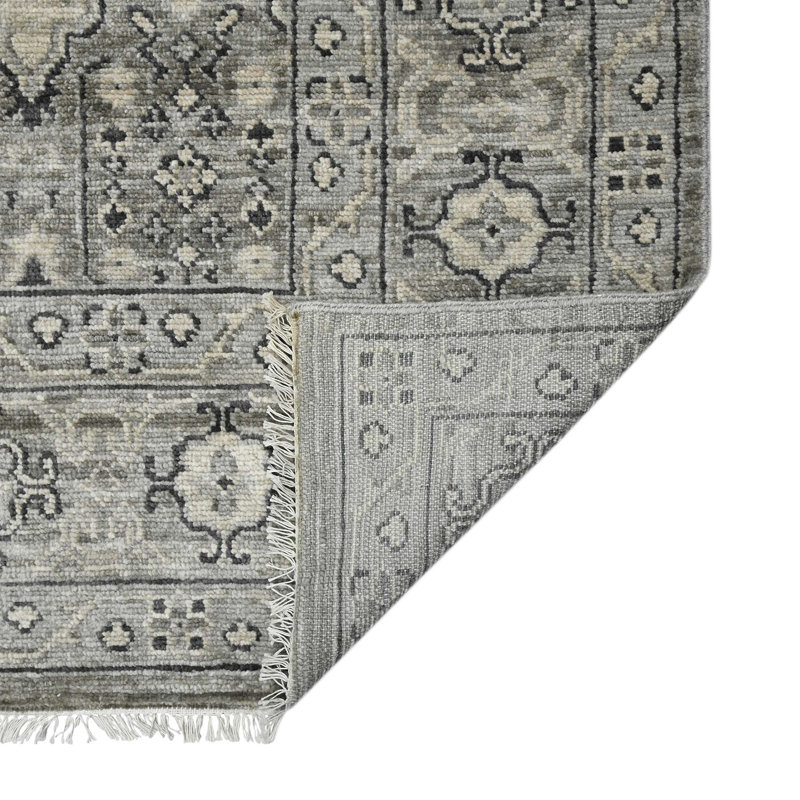 Tapis oriental gris / beige en laine noué à la main Blu Amerson, Rectangulaire 8 pi x 10 pi