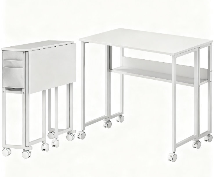 Bureau d'ordinateur pliable, avec sac de rangement, tablette et roulettes pour petits espaces, bureau à domicile, Blanc