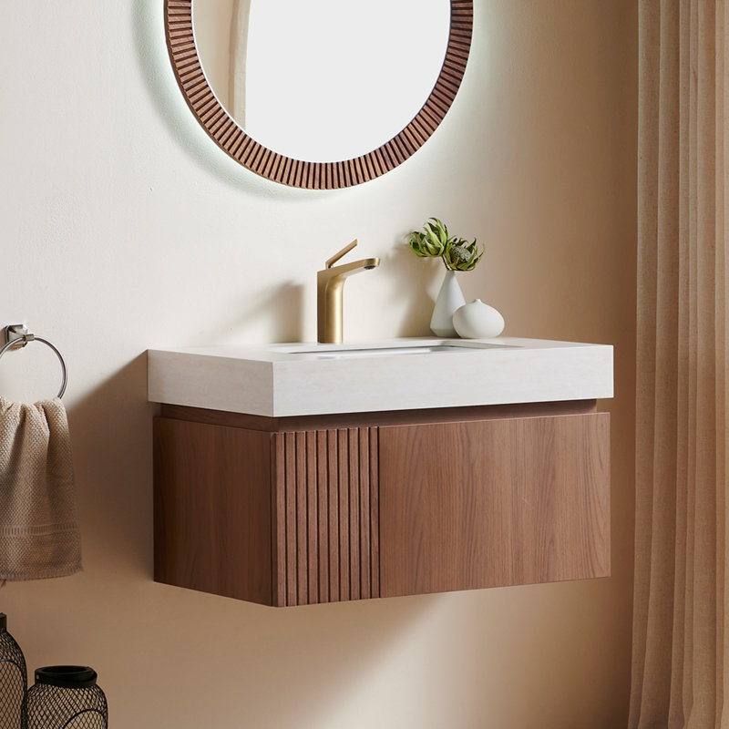 Meuble-lavabo simple en contreplaqué et en bois massif, Chêne brun, 30", Travertin Roma