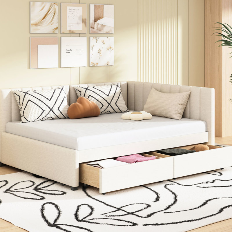 Upholstered Daybed With 2 Drawers, Beige Upholstery, And Particle Board, No Box Spring For Comfort 2 In Beige, Solid Wood Construction, Spring, Comfortable
