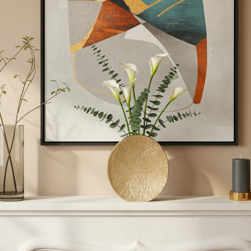 Decorative Metal Etched Oval Table Vase for Home Decor - Modern Flower Vase for Shelf Accent and Living Room Display - Gold & Metallic