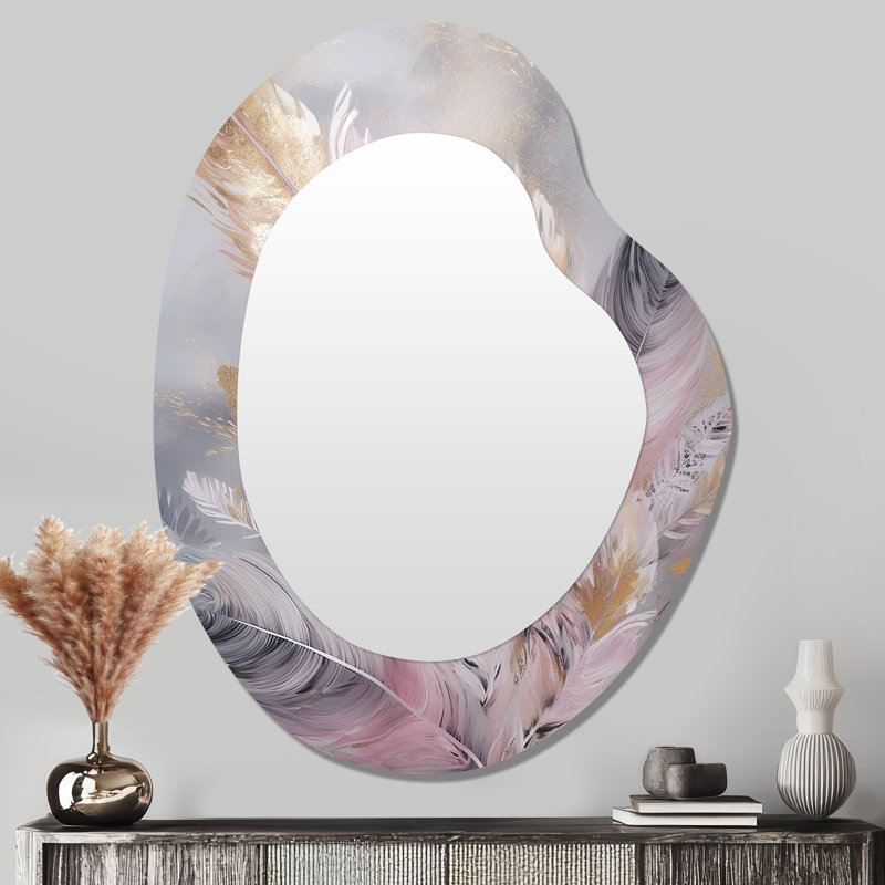 Pink Feather Wanderlust - Glam Feather Irregular Shape Unique Wall Mirror, Modern Asymmetrical Mirror, Printed Metal Art