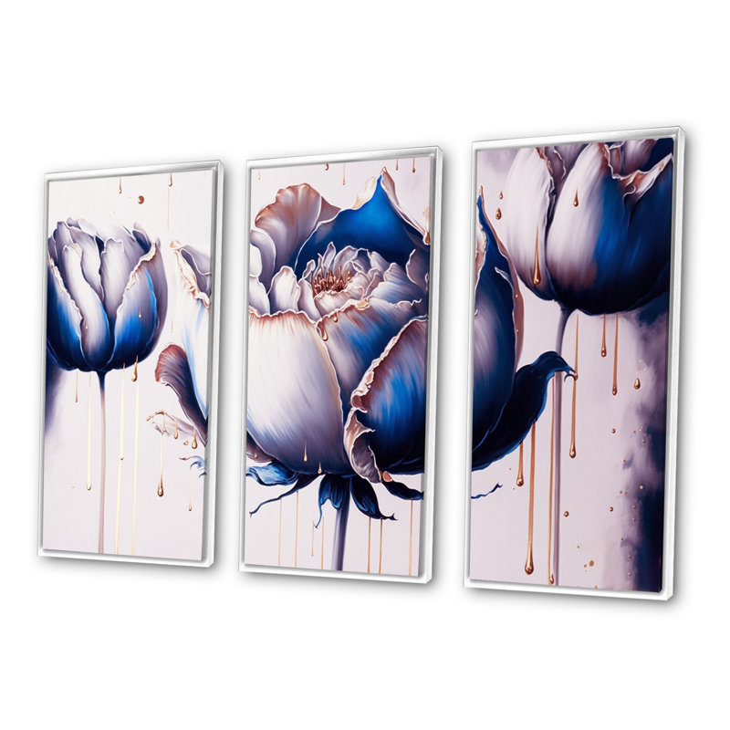 «Ice Blue and Gold Paint Drip Tulip II», reproduction de 3 pièces, H 32 po x l 48 po x P 1 po, Cadre blanc
