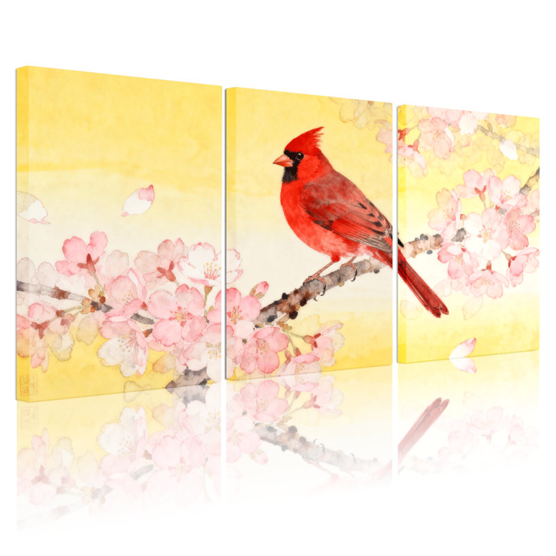 Birds Cardinal Bird Cherry Blossoms, ensemble de 3 toiles sur fond jaune, H 18 po x l 36 po