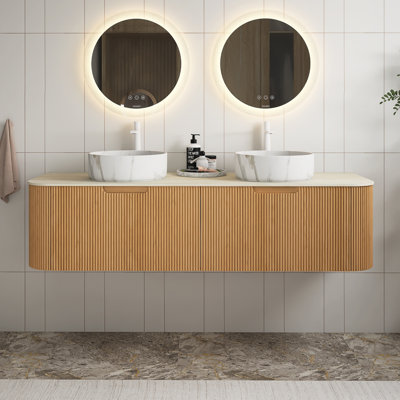 Meuble-lavabo de salle de bain, meuble-lavabo rayé à bords arrondis flottants avec 2 tiroirs, 2 lavabos ronds en céramique avec motif en pierre et plateau en pierre frittée à motif travertin, pré-assemblé, couleur grain de bois Natura