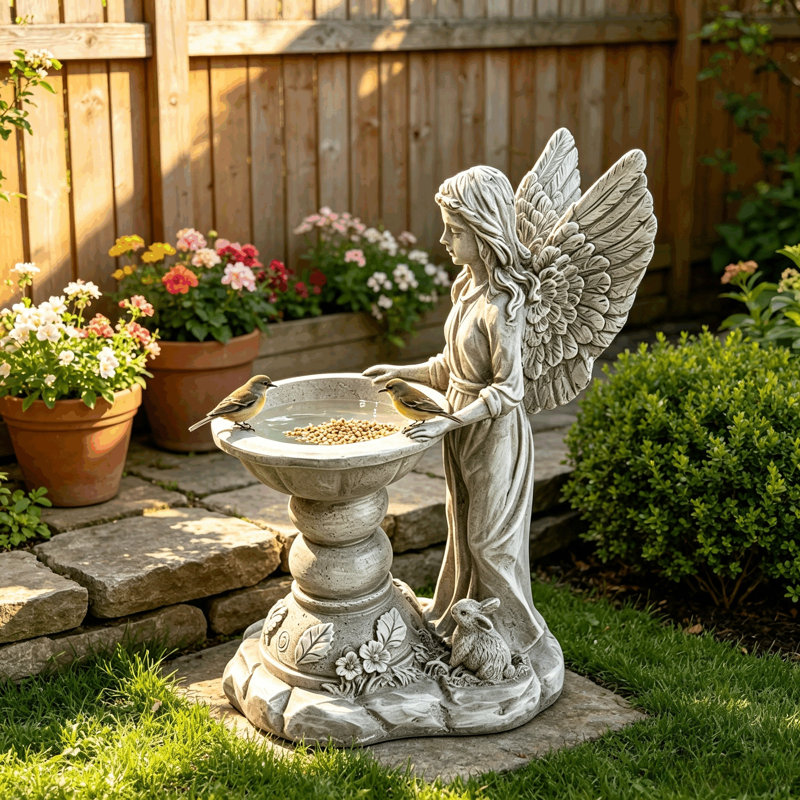 Grande statue d'ange de jardin en résine avec bol à piédestal, sculptures de jardin