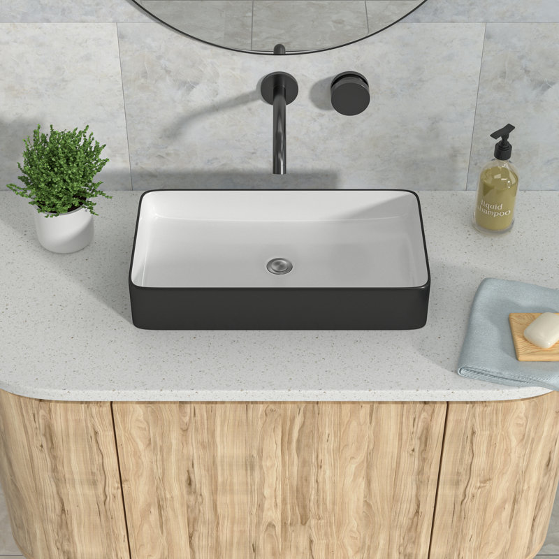 24" x 14" Ceramic Rectangular Vessel Bathroom Sink, Black and White Ceramic Above Counter Basin