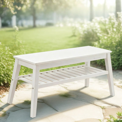 White Bamboo Storage Bench With 2-Tier Shelf, Entryway Shoe Rack And Multifunctional Seat For Hallway, Living Room, Bedroom, And Outdoor Use, Supports 300 Lbs