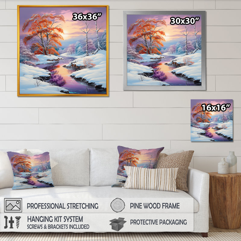 «Winter River Sunset and Snow Charm I», reproduction sur toile, Cadre flottant doré, H 36 po x l 36 po x P 1,5 po