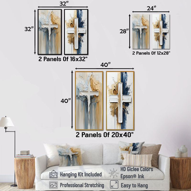 Ensemble de 2 pièces d'art mural en croix bleu et blanc, H 32 po x l 32 po, Cadre flottant blanc