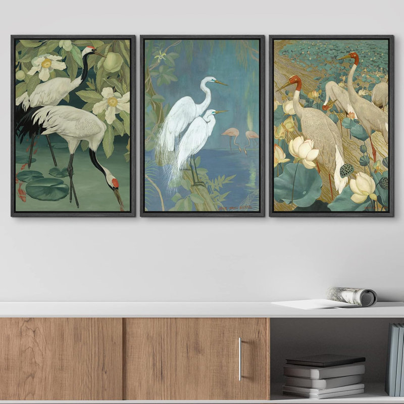 Grue verte verte pataugeant dans l'eau, lotus floral, art animalier, décoration murale moderne, Cadre flottant noir