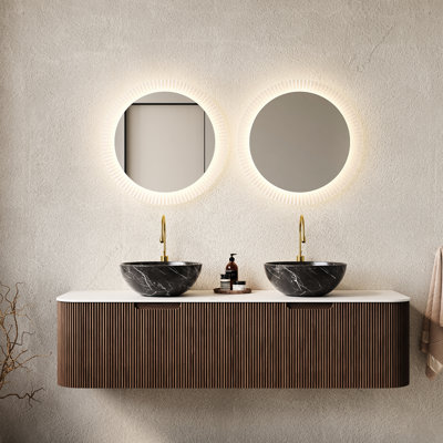 Meuble-lavabo de salle de bain de 152 cm (60 po) avec 2 tiroirs, armoire suspendue, vasques en céramique noire, préassemblé, fini rayé 3D, mécanisme de fermeture amortie pour les tiroirs.