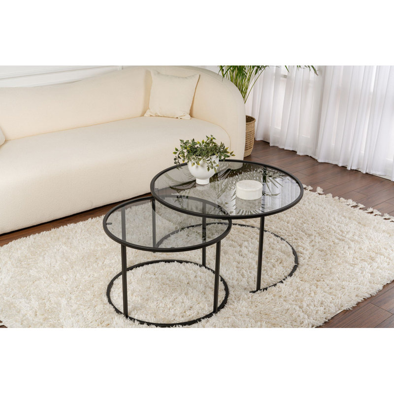 Modern Coffee Table Set (2 Pieces), Black Tempered Glass & Metal Frame, Small Table: 23.6 x 15.4 x 23.6 inches | Large Table: 31.5 x 16.9 x 31.5 inches | Industrial Style, Durable Design for Living Room & Lounge Spaces