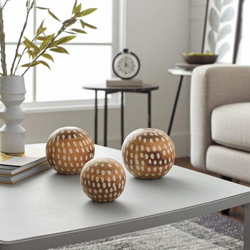 Davy Set of 3 Decorative Orbs - Contemporary Rustic Brown Wooden Round Orb Decor - Home or Office Table Accent Decoration - Home Gift Idea