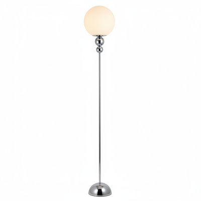 Modern Minimalist Floor Lamp With White Globe Shade And Chrome Metal Sphere Accents