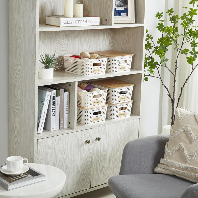 Plastic Storage Bins With Bamboo Lids  Stackable Box Basket Pantry Decorative Containers Cute With Lable For Organizing Desktop Closet Office Cream Of 6 Packs