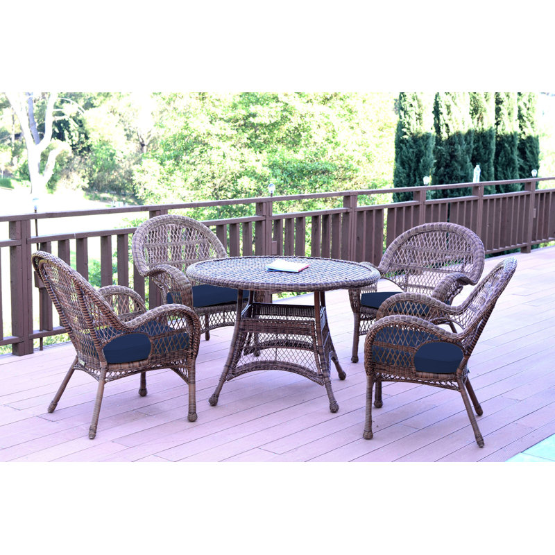 Mangum 4 - Person Wicker Patio Dining Set with Round Table, Blue, Honey